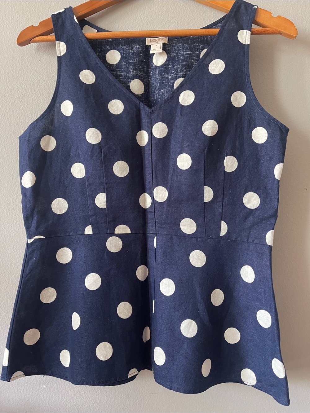 J. Crew Navy and White Polka Dot Sleeveless Peplum Top